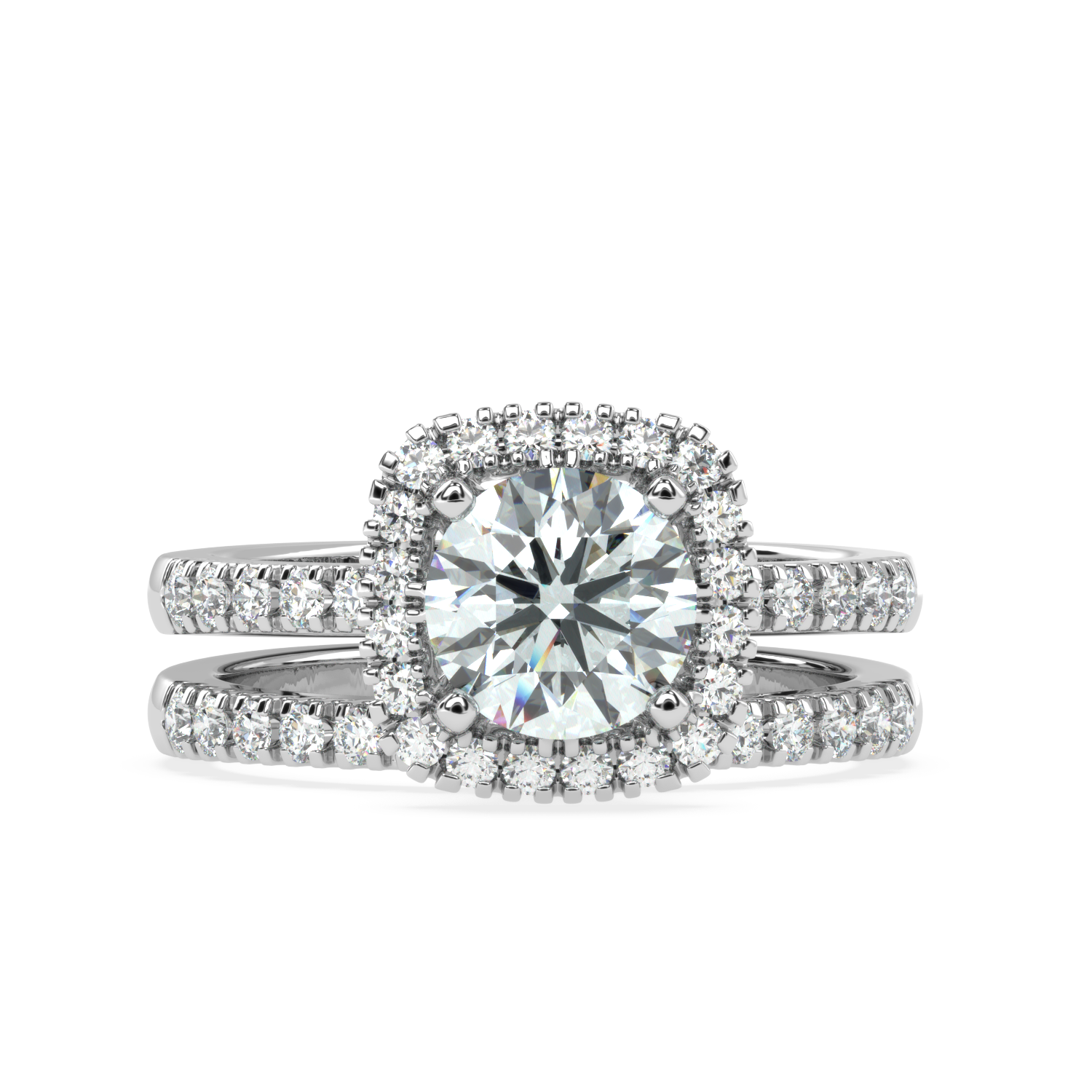 Eternal Brilliance: Round Solitaire Ring with Diamond Halo and Diamond-Studded Shank, paired with a Diamond Accent Band