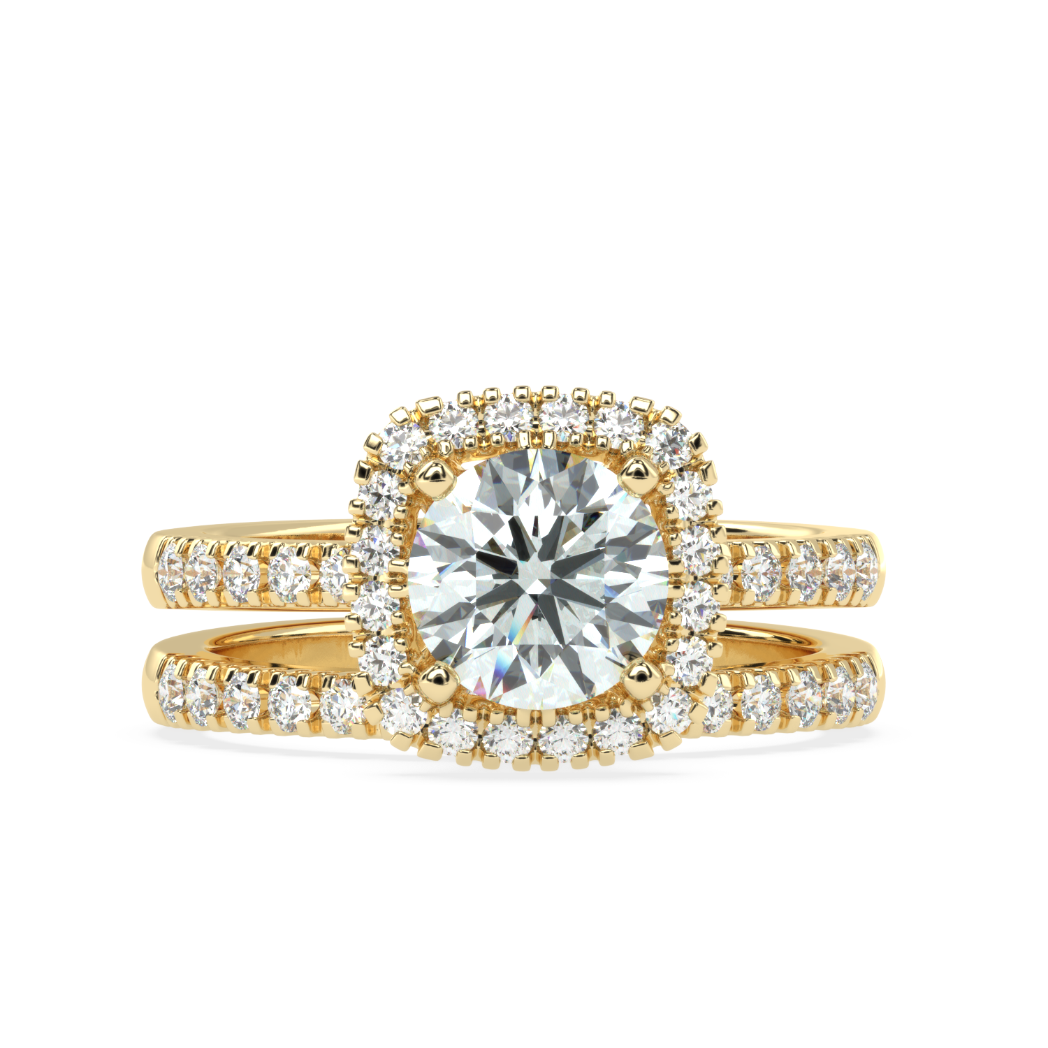 Eternal Brilliance: Round Solitaire Ring with Diamond Halo and Diamond-Studded Shank, paired with a Diamond Accent Band